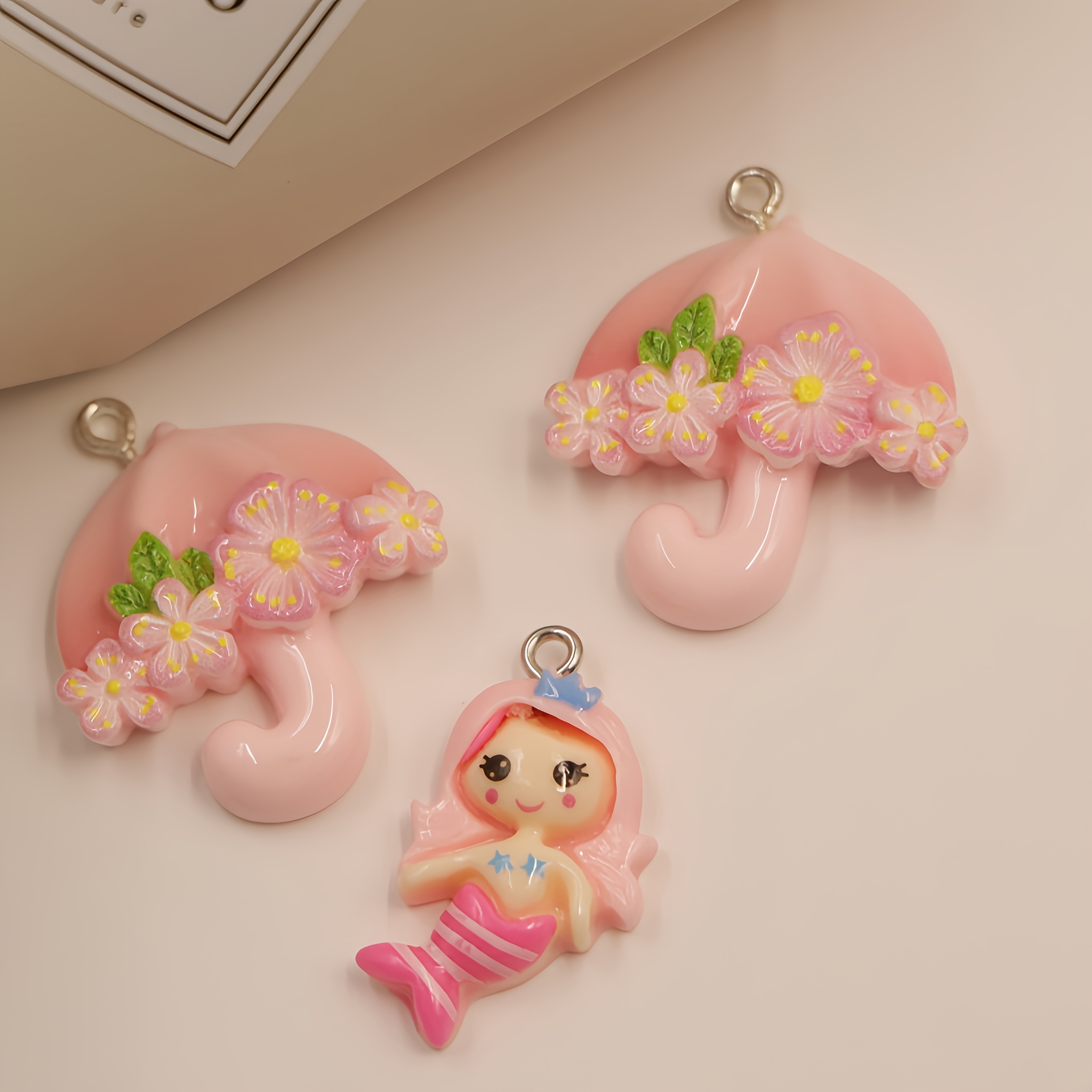12pcs Cute Cartoon Flower Umbrellas DIY Resin Pendants Set